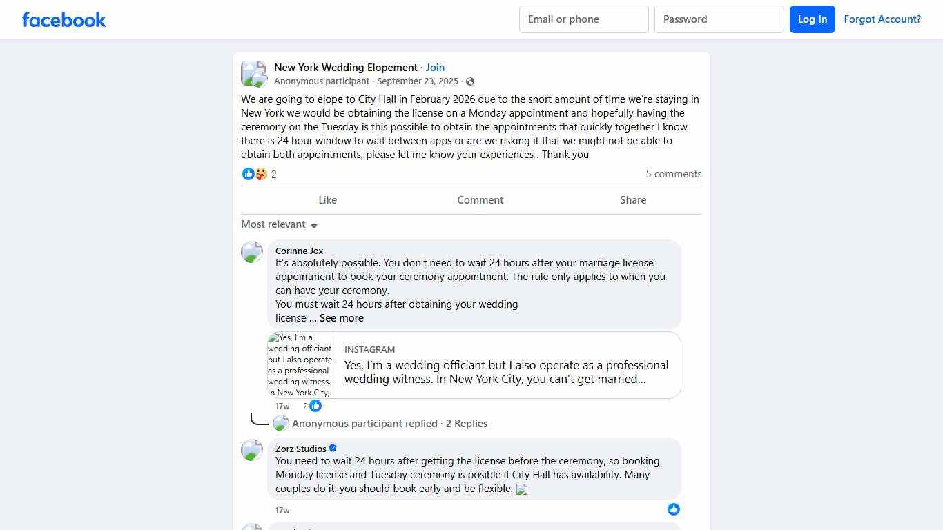 New York Wedding Elopement We are going to elope to City Hall in February 2026 due to the short amount of time we’re staying in New York we would be obtaining the license on a... Facebook